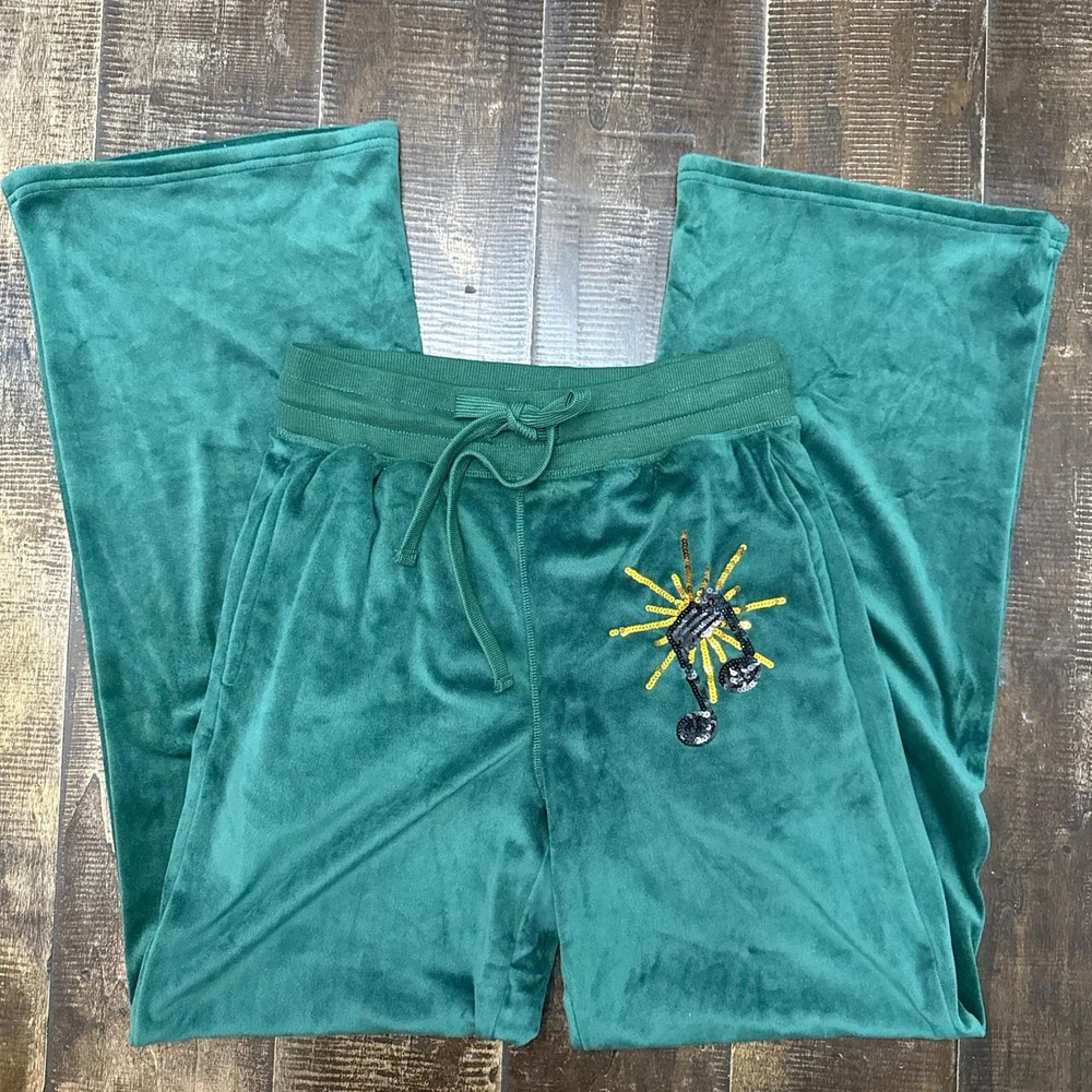 Miss Chievous Dark Green Velvet Music Note Embellished Wide Leg Sweatpants
